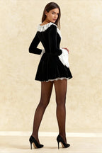 Velvet Square Neck Lace Trim Flared Cuff Long Sleeve Fit and Flare Mini Dress