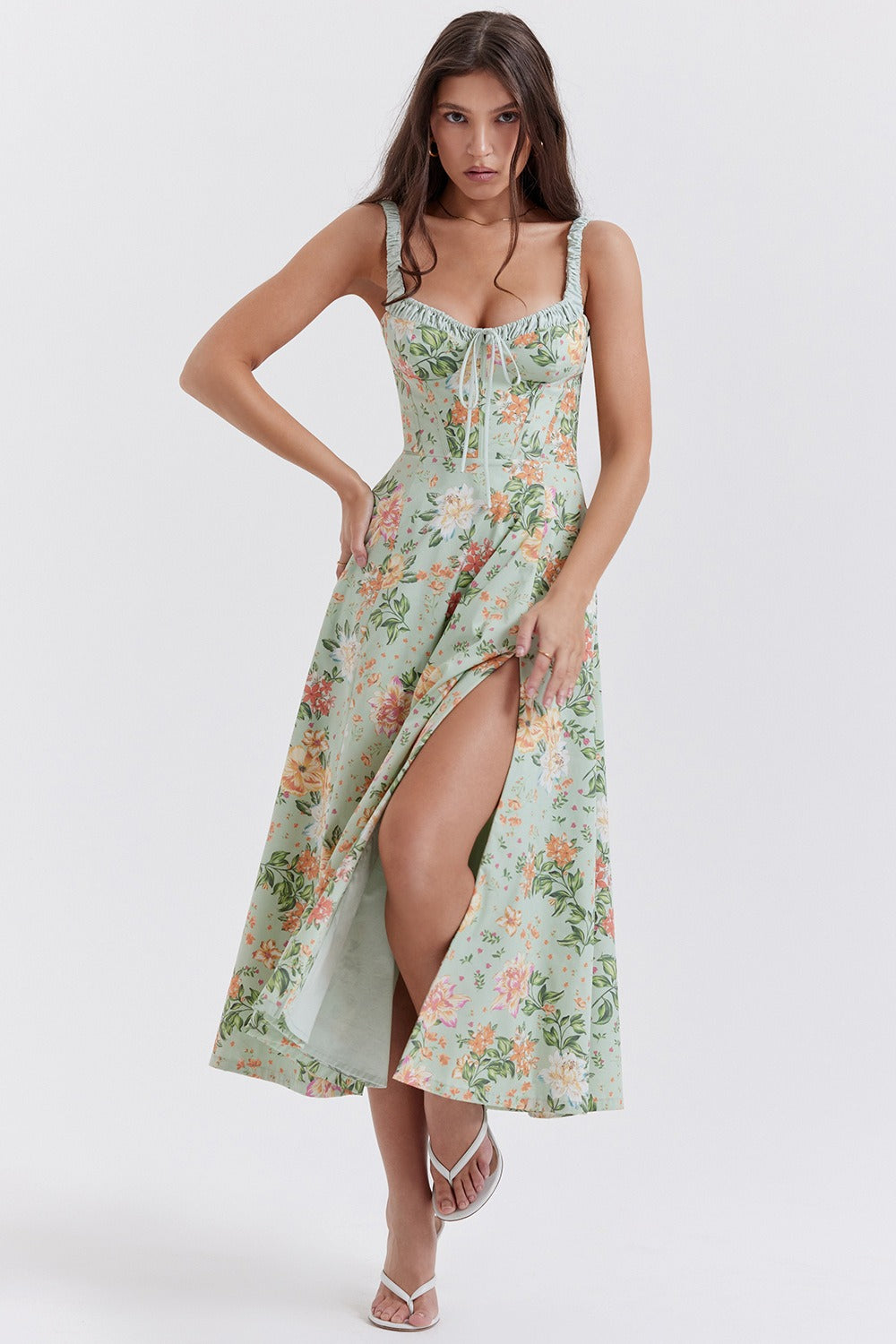 Strap Slit Fit Flare Floral Dress