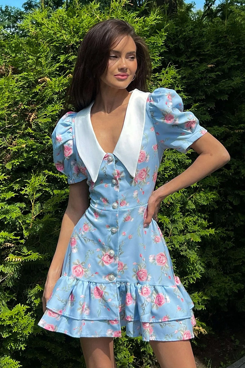 Oversized Collar Puff Sleeve Pearl Button Ruffle Tier Hem Floral Print Mini Dress