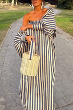 Berry Satin-Striped Detachable Balloon Sleeve Jacket Strapless Maxi Dress