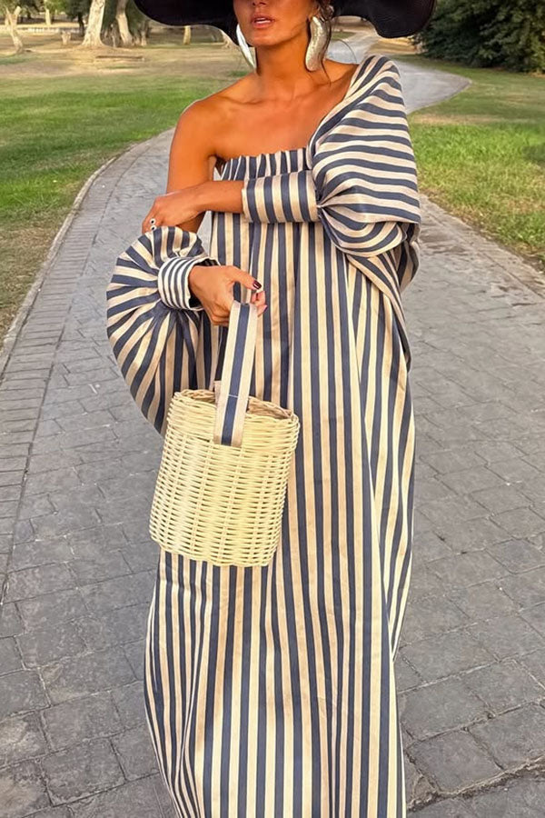 Berry Satin-Striped Detachable Balloon Sleeve Jacket Strapless Maxi Dress