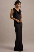 Satin Cowl Neck Spaghetti Strap Diagonal Panel Column Maxi Dress