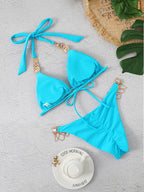 Solid Gem Engraved Halter Tie Back Bikinis