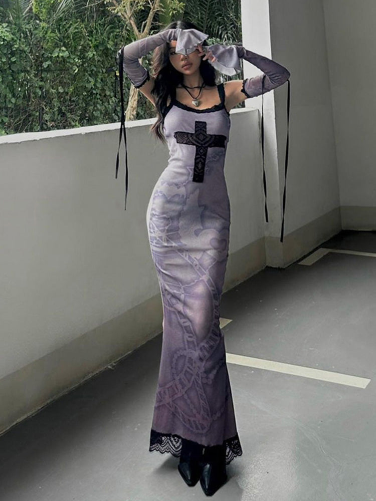 Gothic Chain Print Lace Cross Applique Detached Sleeve Maxi Dress