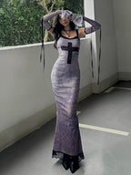 Gothic Chain Print Lace Cross Applique Detached Sleeve Maxi Dress
