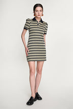 Diamond Argyle Knit Polo Collar Button Front Puff Sleeve Mini Dress