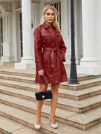 Trench Coat PU Leather Turndown Collar Long Sleeves Fall Outerwear