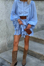 Button Front Round Neck Lantern Sleeve Tiered Ruffle Mini Dress