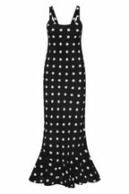 Polka Dot Print Sleeveless Spaghetti Strap Slim-fit Elegant Ruffled Hem Maxi Dress