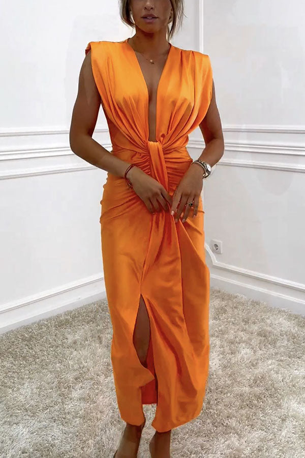 Deep V-Neck Twisted Knot Waist Ruched Front Slit Satin Maxi Dress
