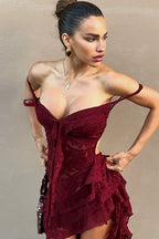 Lace Ruffled Tier High-Low Hem Tie Front Maxi Dress