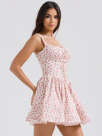 Floral Dress Mini Dresses Lace Up Straps Neck Sleeveless Cottagecore Short Dress