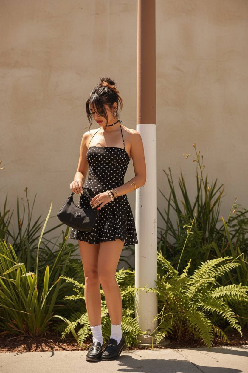 Polka Dot Spaghetti Strap Halter Neck Ruffle Hem Fit and Flare Mini Dress