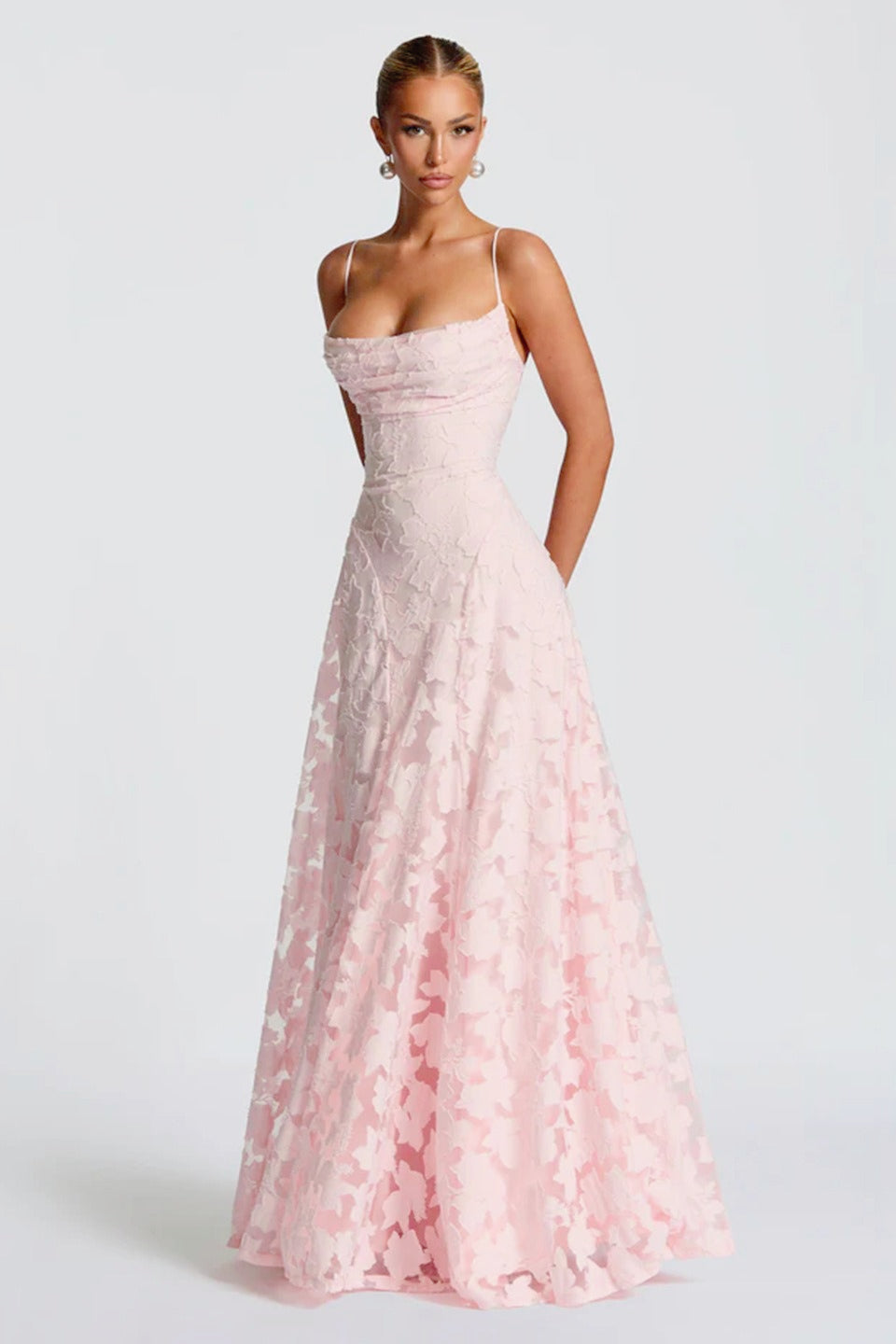 3D Floral Lace Applique Square Neck Spaghetti Strap A-Line Maxi Gown