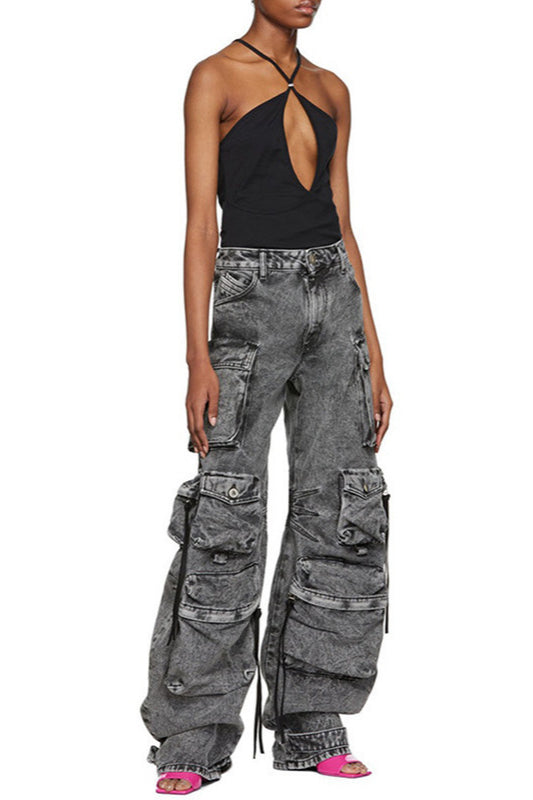 Street Style Washed Grey Multi-Pocket Cargo Pant