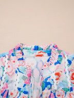 Floral Print Tie V Neck Contrast Detail Ruffle Short Sleeve Blouse