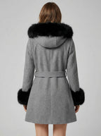 Belted Wool Blend Hooded Coat with black Faux fur cuffs For Women 2026