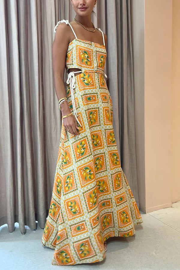 Lemon Print Square Neck Rope Tie Side Cut Out Maxi Dress