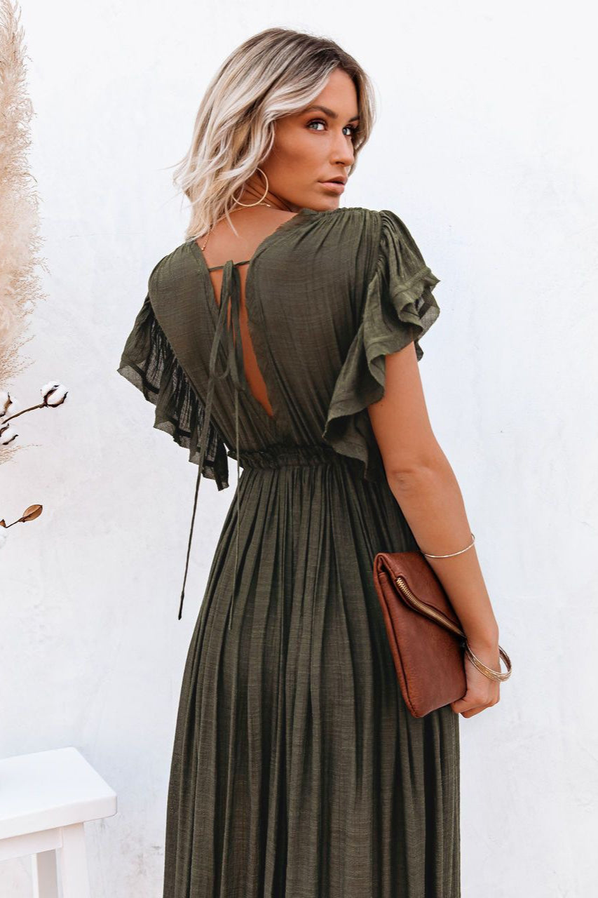 Deep V Neck Ruffle Sleeve Drawstring Waist Button Front Pocket Maxi Dress