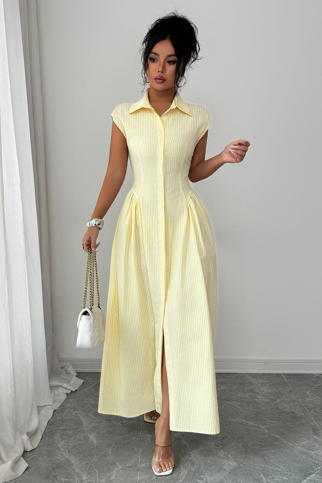 Beige Collared Sleeveless Pinstripe Cinched Waist Slit Maxi Shirt Dress