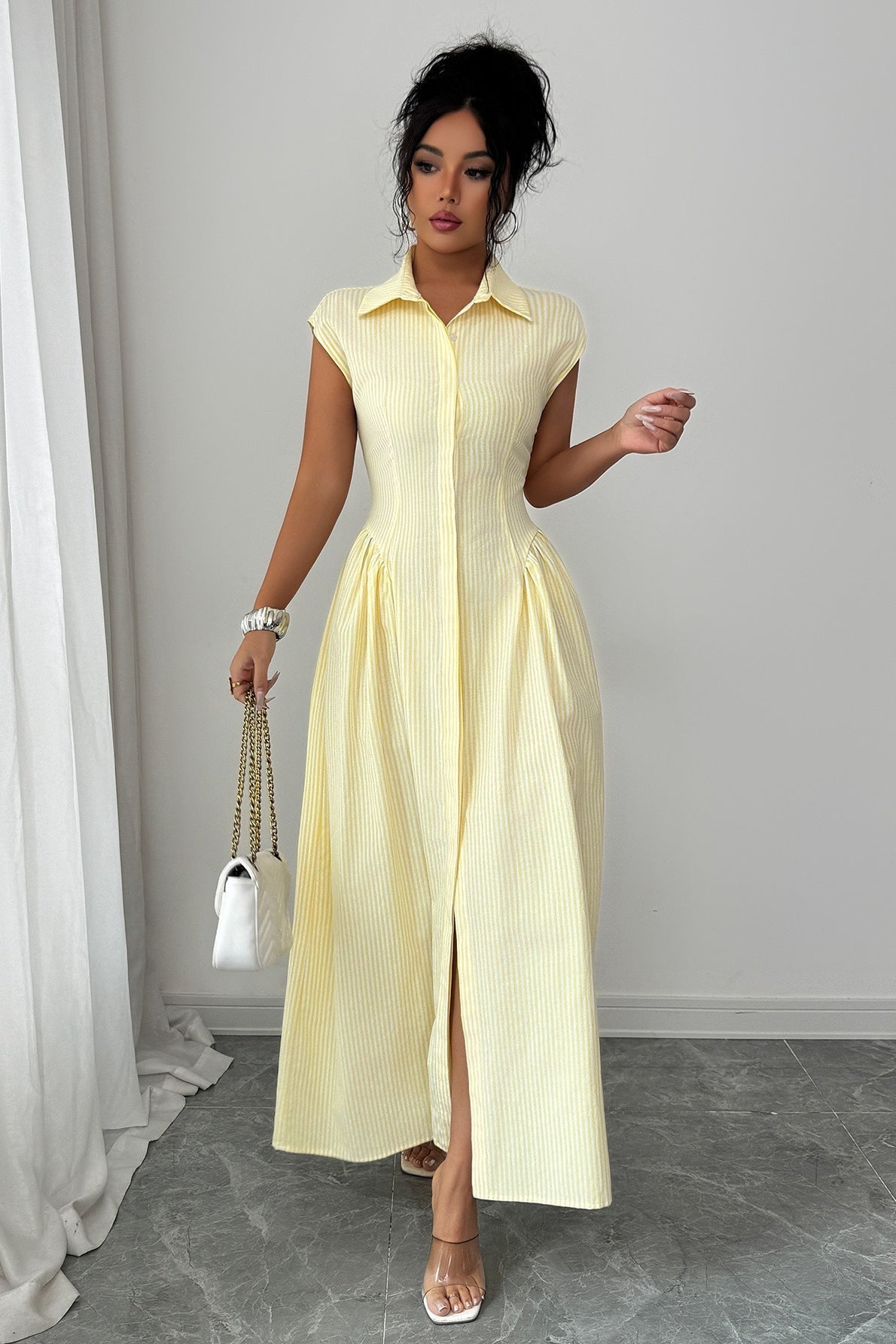 Beige Collared Sleeveless Pinstripe Cinched Waist Slit Maxi Shirt Dress