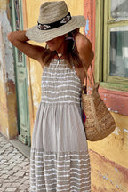 Striped Smocked Square Neck Spaghetti Strap Tiered Maxi Dress