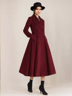 Burgundy Woolen Flared Coat Vintage Shawl Collar Double-breasted Winter A-line Outerwear For Women 2026