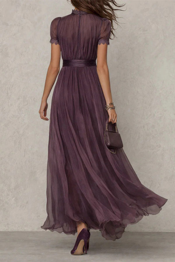 Elegant Lace Trim Keyhole Puff Sleeve Flowing Chiffon Maxi Dress