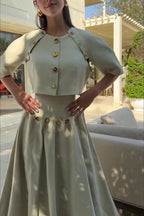 Custom Look Linen Blend Unique Metal Pattern Buttons Slit Half Sleeve Crop Jacket