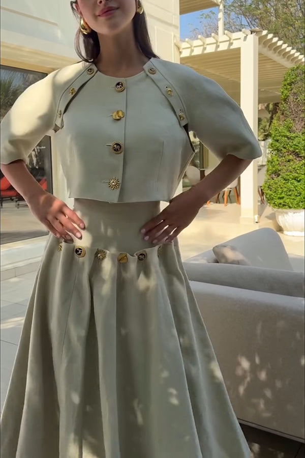 Custom Look Linen Blend Unique Metal Pattern Buttons Slit Half Sleeve Crop Jacket