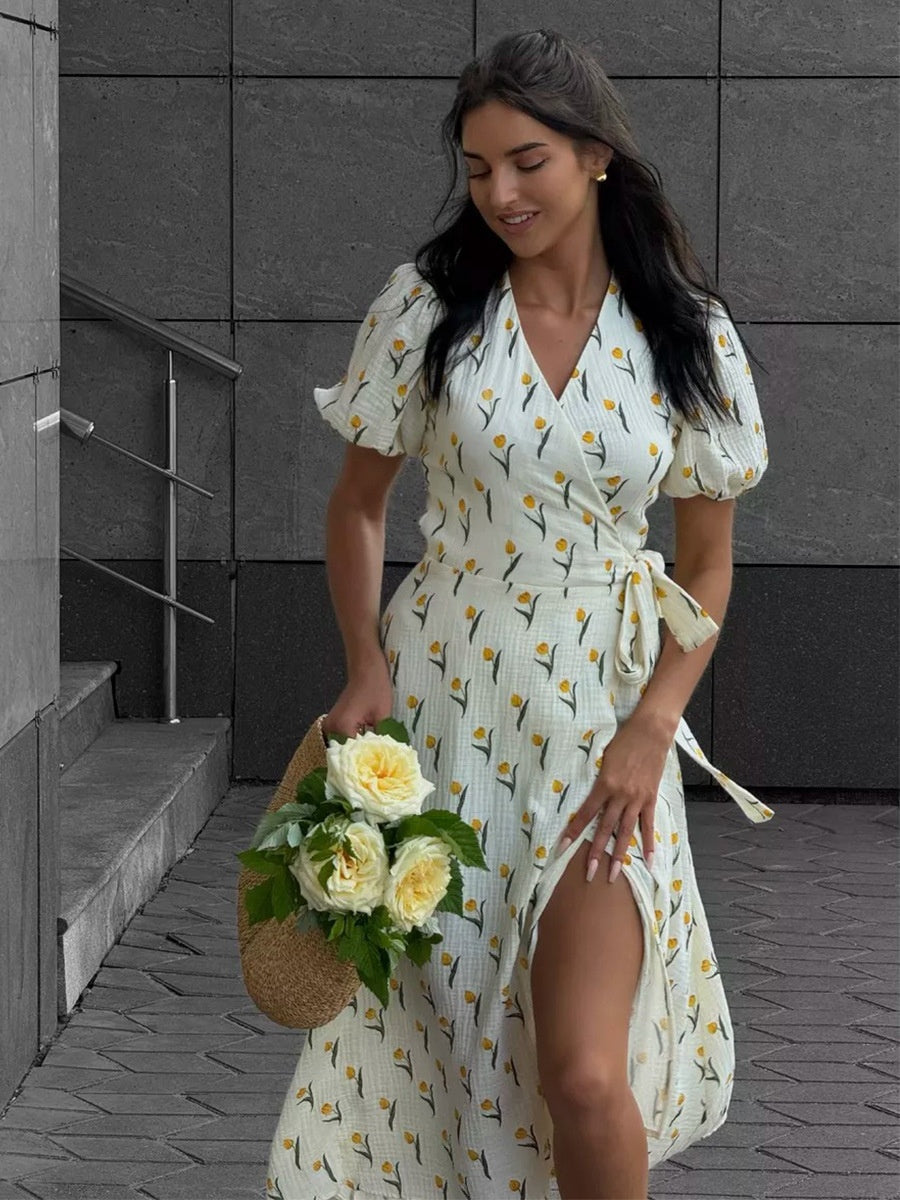 Pure Cotton Bandage Wrap-up Puff Sleeve Printed Comfort Maxi Dresses
