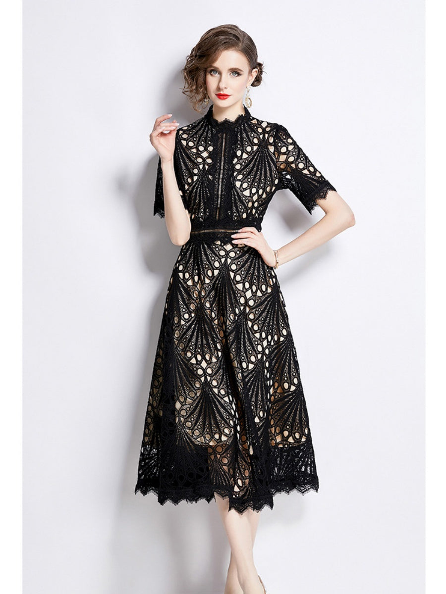 Crocheted Embroidered Lace Midi Dress