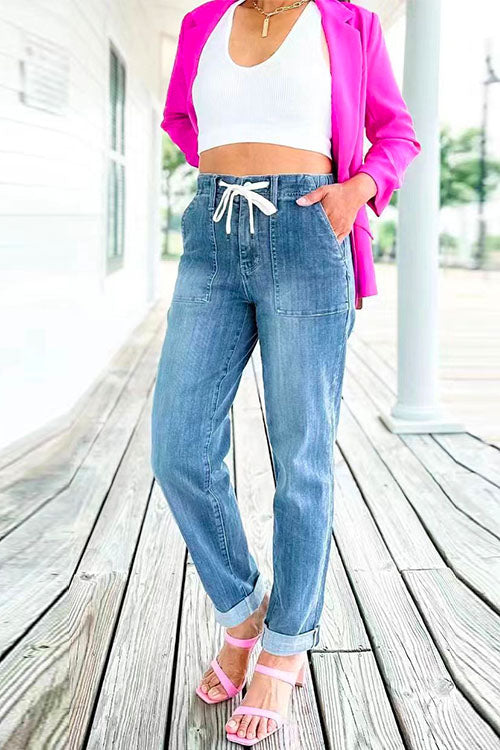 Drawstring Waist Distressed Pocketed Denim Pants
