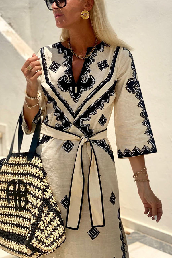 Ethnic Print V-Neck Three Quarter Sleeve Tie Waist Maxi Dress