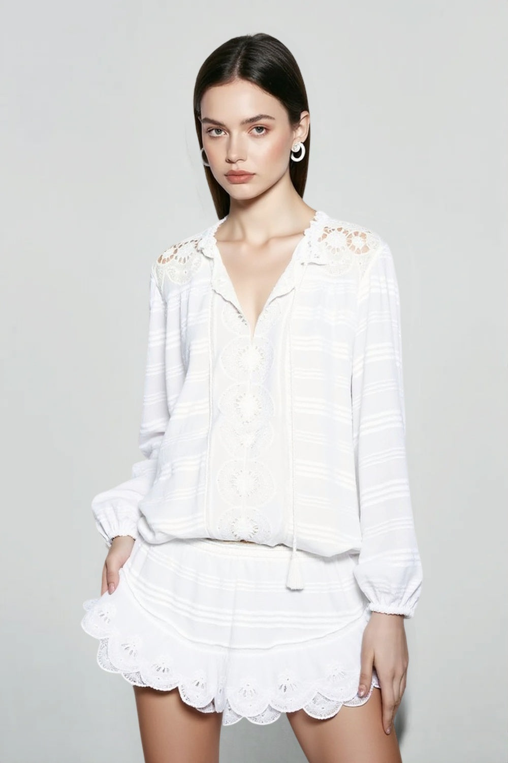 Lace Insert Tassel Tie Peasant Blouse Ruffle Hem Shorts Two Piece Set