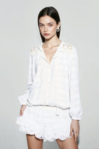 Lace Insert Tassel Tie Peasant Blouse Ruffle Hem Shorts Two Piece Set