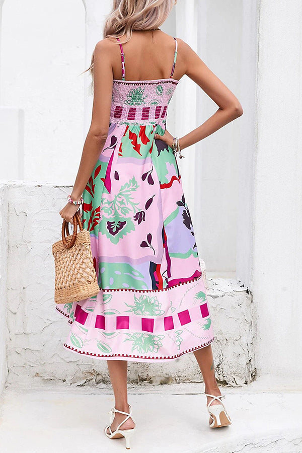 Abstract Floral Print Square Neck Spaghetti Strap Smocked Back Pocket Midi Dress