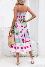 Abstract Floral Print Square Neck Spaghetti Strap Smocked Back Pocket Midi Dress