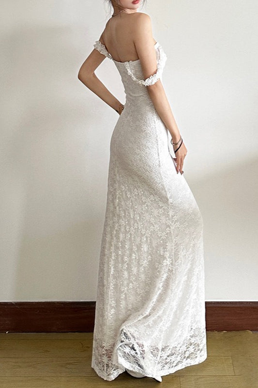 Lace Off Shoulder Ruffle Sleeve Sweetheart Neck Column Maxi Dress