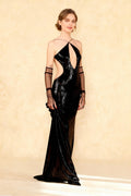 Halter Neck Keyhole Cut Out Side Waist Cut Out Sequin Floor Length Maxi Dress