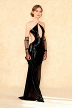 Halter Neck Keyhole Cut Out Side Waist Cut Out Sequin Floor Length Maxi Dress