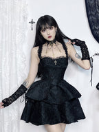 Jacquard Lace Corset Strap Tiered Ruffle Mini Dress