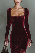Fashionable Velvet and Lace Patchwork Square Neck Long-sleeved Maxi Dress