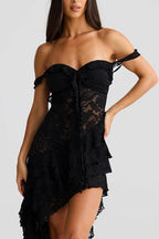 Lace Ruffled Tier High-Low Hem Tie Front Maxi Dress