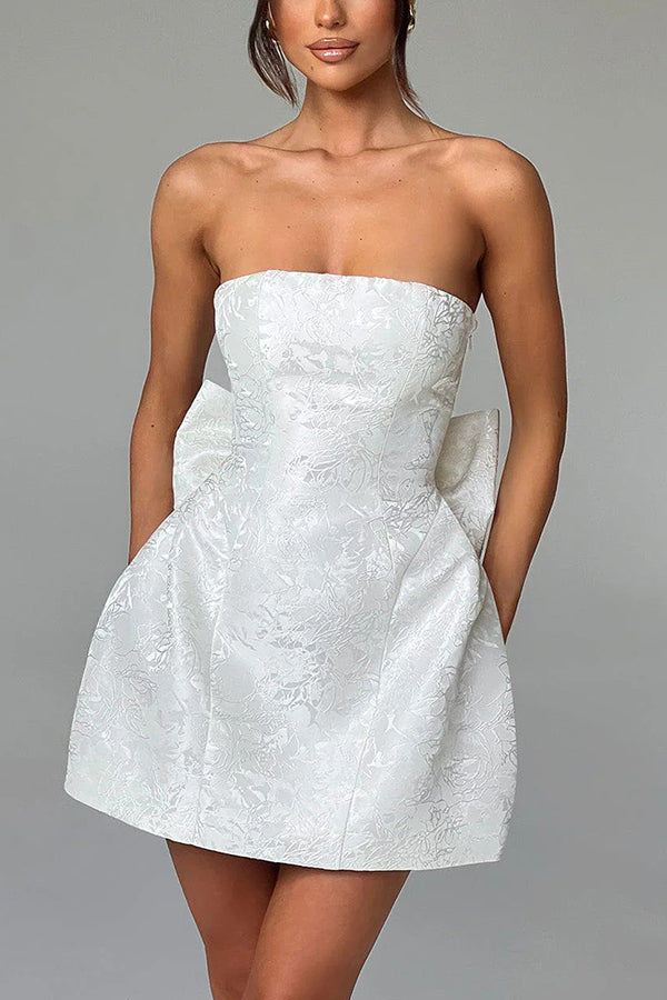 Strapless Jacquard Floral Bow Back Fit and Flare Mini Dress