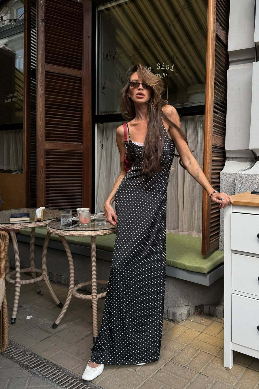 Polka Dot Lace Trim Spaghetti Strap Slip Maxi Dress