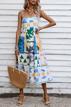 Abstract Floral Print Square Neck Spaghetti Strap Smocked Back Pocket Midi Dress