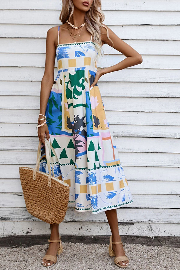 Abstract Floral Print Square Neck Spaghetti Strap Smocked Back Pocket Midi Dress