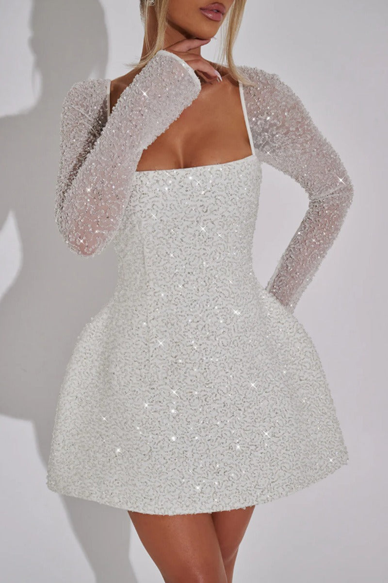 Sequin Square Neck Long Sleeve Fit and Flare Mini Dress