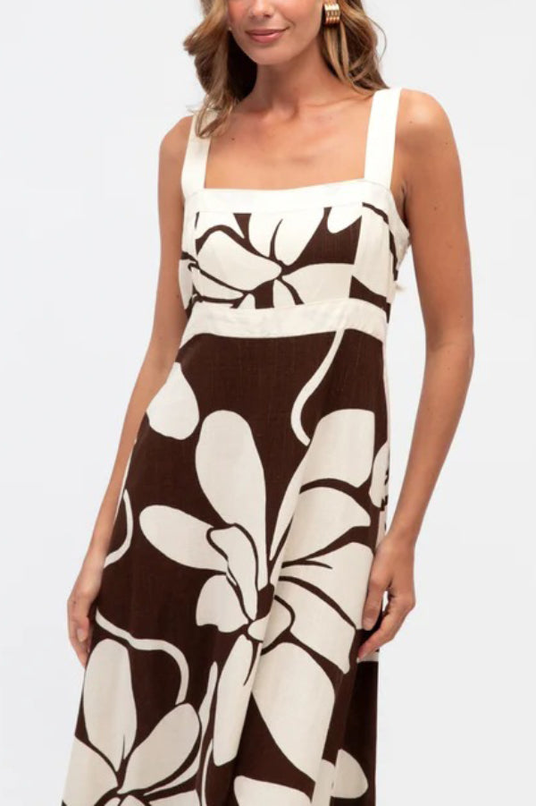 Color-blocked Floral Print Square Neck Sleeveless Casual Maxi Dress